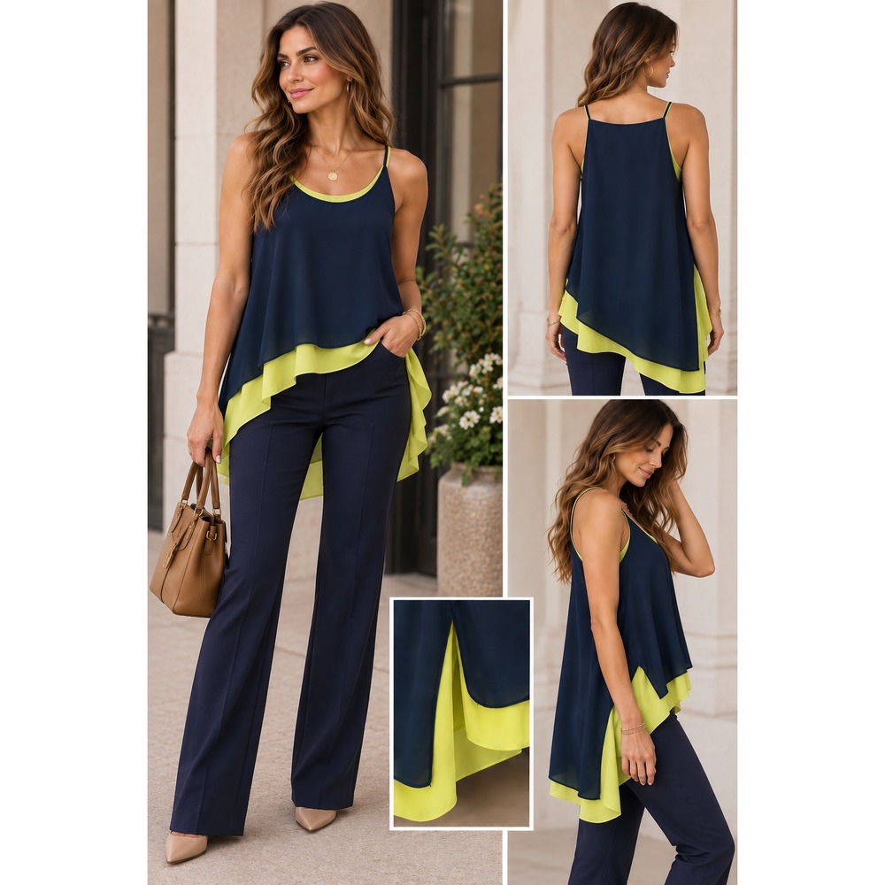 BCBGMAXAZRIA Hanne XS Navy Lime Layered Tank Top Asymmetrical Y2K Colorblock